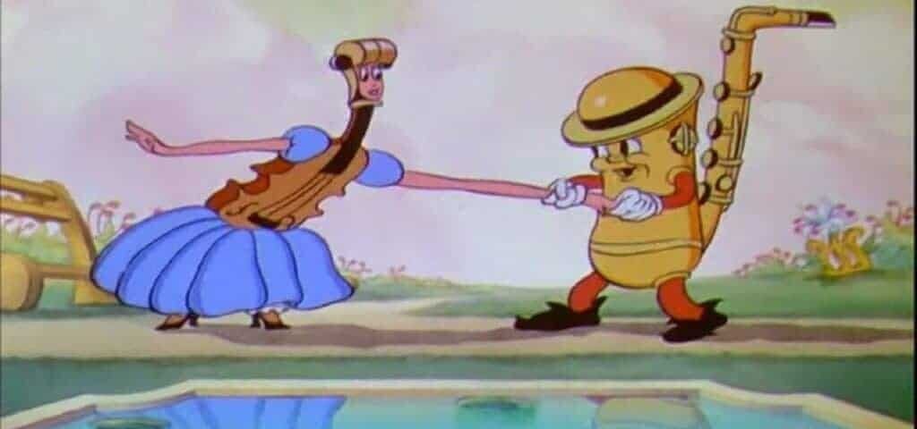 Image animée d'un personnage féminin ressemblant à une vadrouille avec une robe bleue dansant avec un personnage masculin ressemblant à un saxophone, à la fois anthropomorphe et coloré, au bord d'un petit étang dans un décor fantaisiste inspiré de