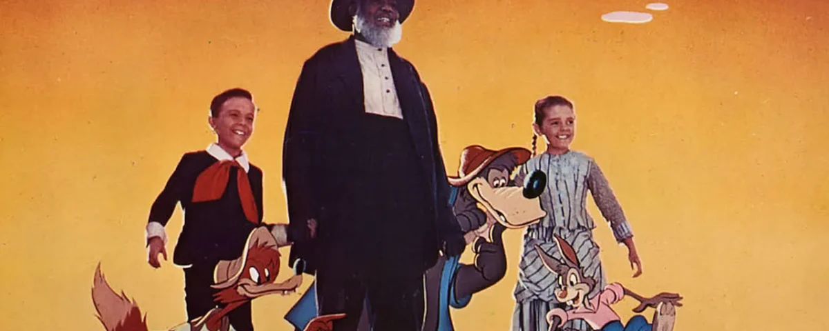 Affiche vintage illustrée de "Mélodie du Sud" avec les personnages animés Br'er Rabbit, Br'er Fox et deux jeunes garçons, représentés sur un fond coloré aux tons chauds.