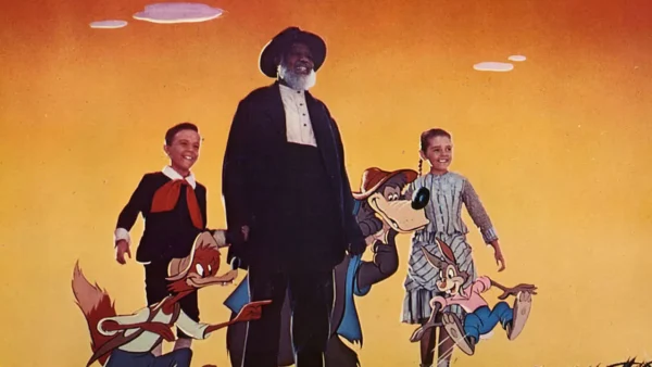 Affiche vintage illustrée de "Mélodie du Sud" avec les personnages animés Br'er Rabbit, Br'er Fox et deux jeunes garçons, représentés sur un fond coloré aux tons chauds.