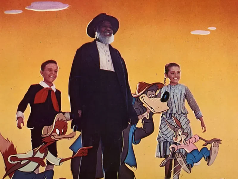 Affiche vintage illustrée de "Mélodie du Sud" avec les personnages animés Br'er Rabbit, Br'er Fox et deux jeunes garçons, représentés sur un fond coloré aux tons chauds.