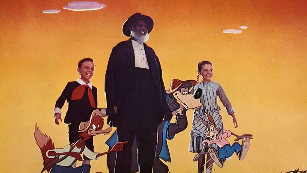 Affiche vintage illustrée de "Mélodie du Sud" avec les personnages animés Br'er Rabbit, Br'er Fox et deux jeunes garçons, représentés sur un fond coloré aux tons chauds.