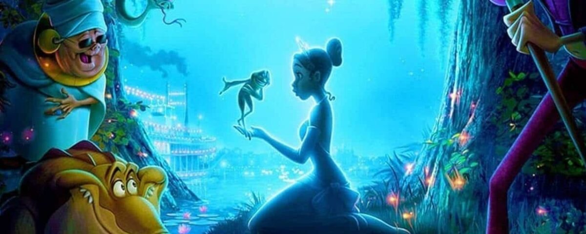 Une scène animée colorée mettant en scène une jeune fille assise calmement avec un petit singe dans la main, entourée de divers personnages fantaisistes, dont un hippopotame souriant et d'autres, dans une forêt luxuriante et magique la nuit.