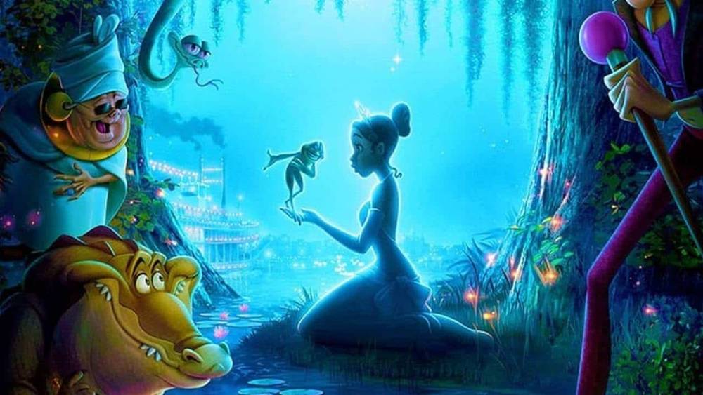 Une scène animée colorée mettant en scène une jeune fille assise calmement avec un petit singe dans la main, entourée de divers personnages fantaisistes, dont un hippopotame souriant et d'autres, dans une forêt luxuriante et magique la nuit.