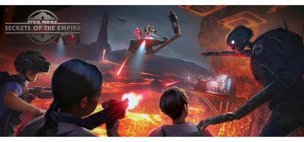 Image promotionnelle de "Star Wars : Le Secret de l'Empire" à Disneyland mettant en vedette quatre joueurs en équipement VR, engagés dans une bataille virtuelle contre des stormtroopers sur une planète volcanique enflammée.