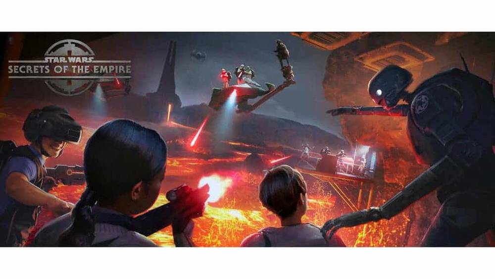 Image promotionnelle de "Star Wars : Le Secret de l'Empire" à Disneyland mettant en vedette quatre joueurs en équipement VR, engagés dans une bataille virtuelle contre des stormtroopers sur une planète volcanique enflammée.