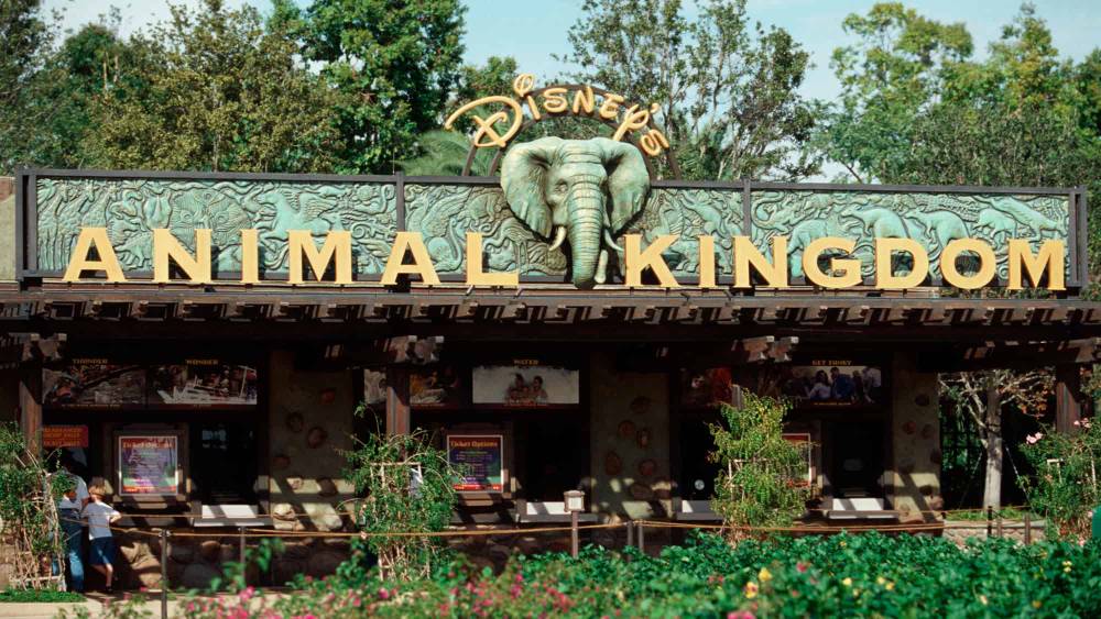 L'entrée du parc à thème Disney's Animal Kingdom, avec un grand panneau vert avec le nom du parc et une sculpture d'éléphant au centre, entourée d'une verdure luxuriante.