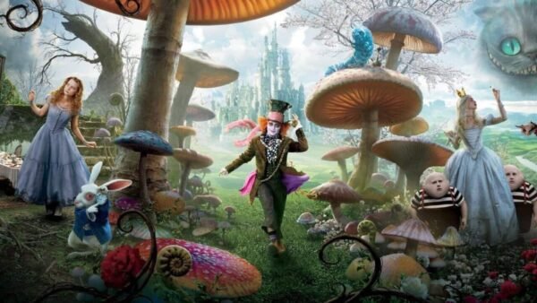 Une scène colorée et fantastique de "Alice de l'autre côté du miroir" mettant en scène des personnages comme Alice, le Chapelier Fou et le Lapin Blanc dans un paysage rempli de champignons avec un
