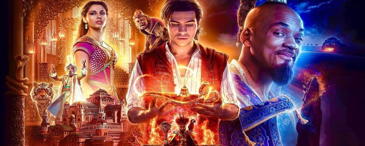 Image promotionnelle vibrante pour « Aladdin », mettant en vedette Aladdin tenant une lampe magique, Jasmine sur fond de palais et Génie avec une expression enjouée, au milieu de teintes mystiques ardentes et dorées.