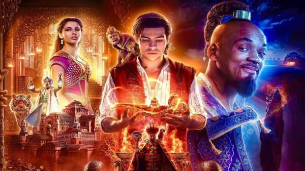 Image promotionnelle vibrante pour « Aladdin », mettant en vedette Aladdin tenant une lampe magique, Jasmine sur fond de palais et Génie avec une expression enjouée, au milieu de teintes mystiques ardentes et dorées.