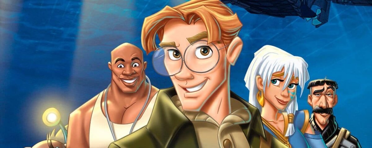 Illustration de quatre personnages animés de "Atlantide : l'empire perdu", mettant en vedette un homme afro-américain musclé, un jeune aventurier, une femme aux cheveux blancs et un homme plus âgé.