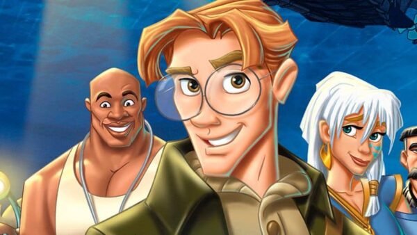 Illustration de quatre personnages animés de "Atlantide : l'empire perdu", mettant en vedette un homme afro-américain musclé, un jeune aventurier, une femme aux cheveux blancs et un homme plus âgé.