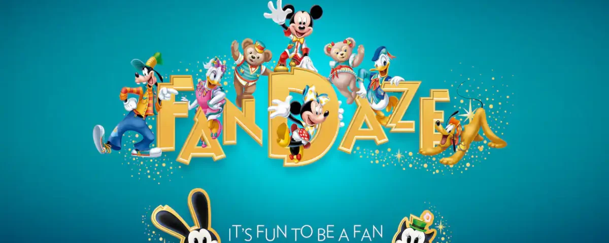 Image promotionnelle pour l'événement Disney Fandaze, mettant en vedette les personnages de dessins animés Mickey, Minnie, Donald, Daisy, Dingo et Pluto, avec le slogan « C'est amusant d'être un