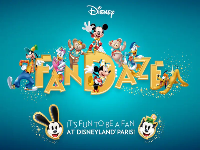 Image promotionnelle pour l'événement Disney Fandaze, mettant en vedette les personnages de dessins animés Mickey, Minnie, Donald, Daisy, Dingo et Pluto, avec le slogan « C'est amusant d'être un
