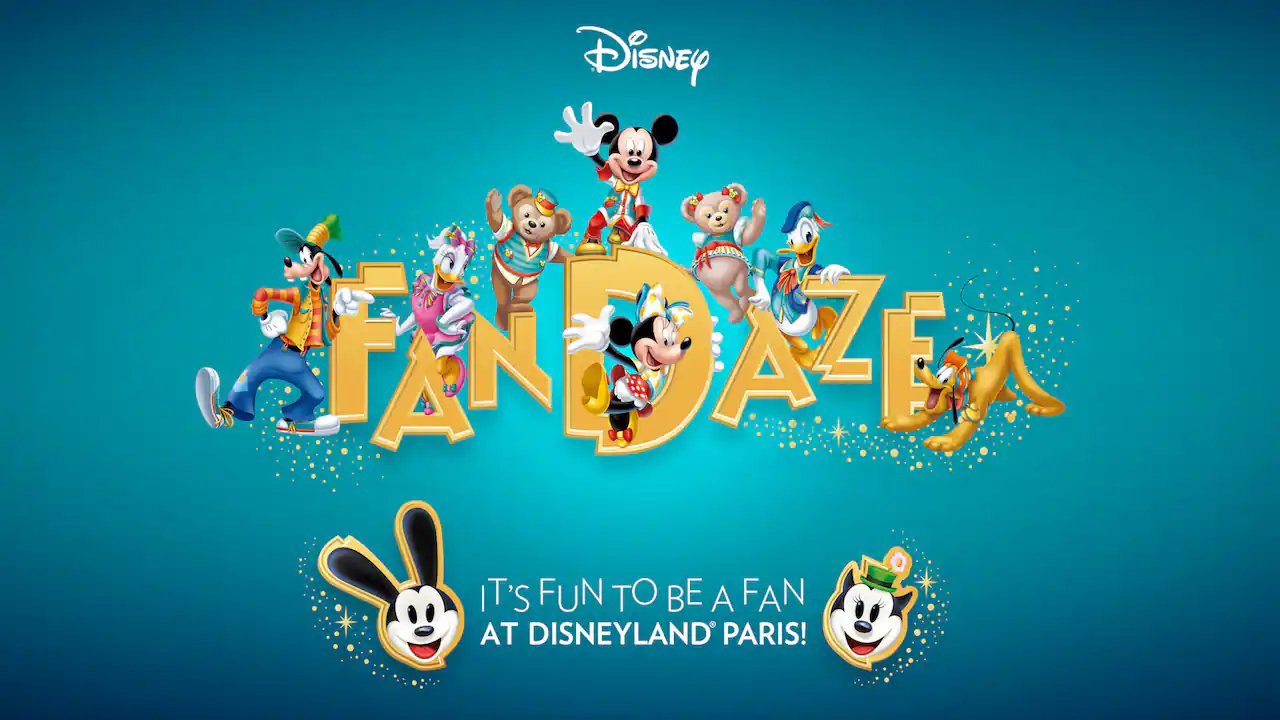 Image promotionnelle pour l'événement Disney Fandaze, mettant en vedette les personnages de dessins animés Mickey, Minnie, Donald, Daisy, Dingo et Pluto, avec le slogan « C'est amusant d'être un