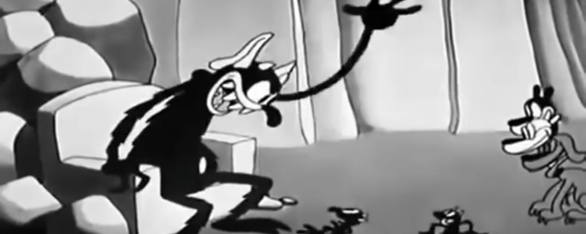 Image de dessin animé en noir et blanc représentant un personnage grand et mince agitant la main avec enthousiasme, debout à côté de trois personnages plus petits, tous aux expressions exagérées, dans un paysage rocheux stylisé rappelant "les