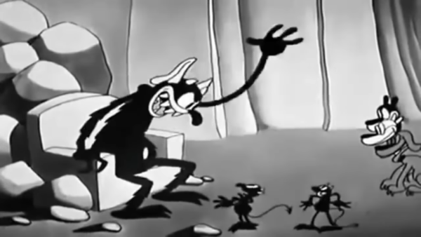Image de dessin animé en noir et blanc représentant un personnage grand et mince agitant la main avec enthousiasme, debout à côté de trois personnages plus petits, tous aux expressions exagérées, dans un paysage rocheux stylisé rappelant "les
