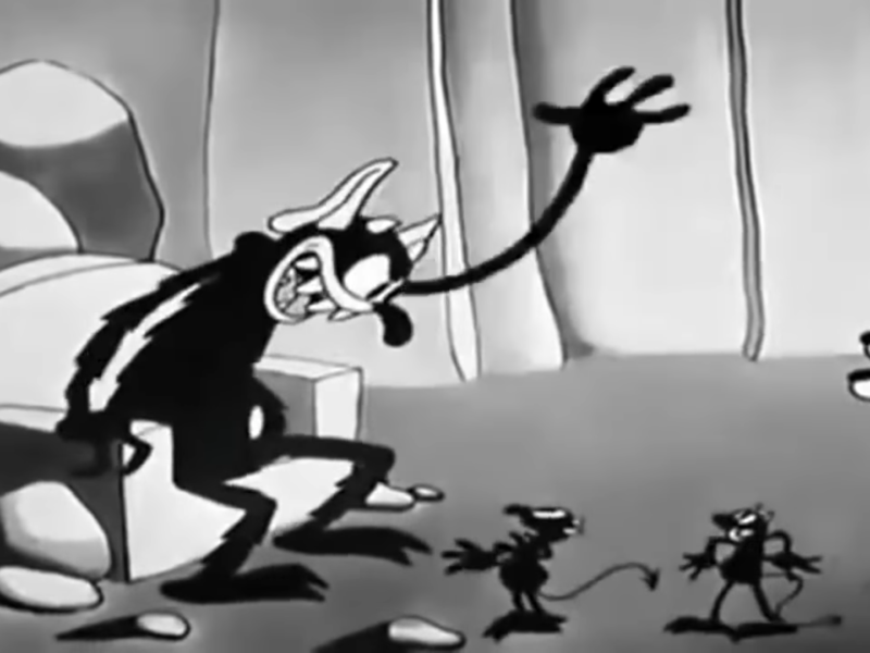 Image de dessin animé en noir et blanc représentant un personnage grand et mince agitant la main avec enthousiasme, debout à côté de trois personnages plus petits, tous aux expressions exagérées, dans un paysage rocheux stylisé rappelant "les