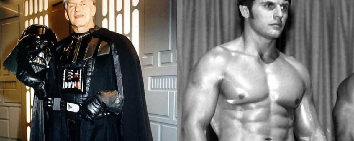 Une image divisée montrant Dark Vador aux côtés de David Prowse en costume à gauche et une photo en noir et blanc d'un jeune David Prowse torse nu montrant son physique musclé à droite.
