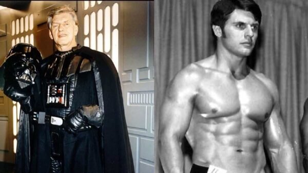 Une image divisée montrant Dark Vador aux côtés de David Prowse en costume à gauche et une photo en noir et blanc d'un jeune David Prowse torse nu montrant son physique musclé à droite.