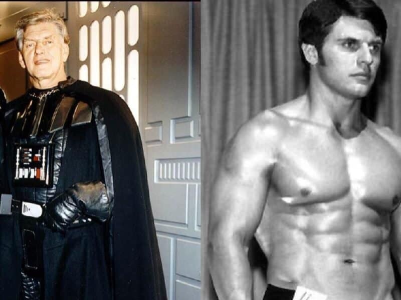 Une image divisée montrant Dark Vador aux côtés de David Prowse en costume à gauche et une photo en noir et blanc d'un jeune David Prowse torse nu montrant son physique musclé à droite.