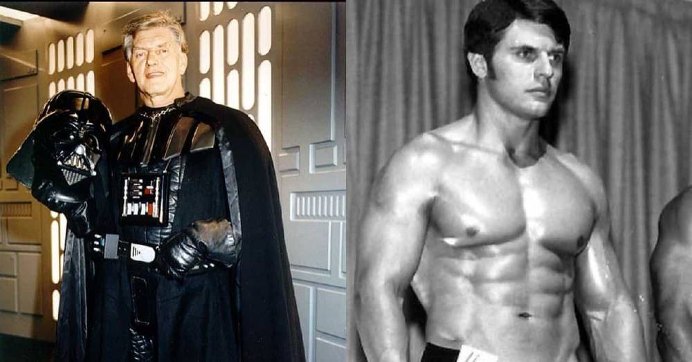 Une image divisée montrant Dark Vador aux côtés de David Prowse en costume à gauche et une photo en noir et blanc d'un jeune David Prowse torse nu montrant son physique musclé à droite.