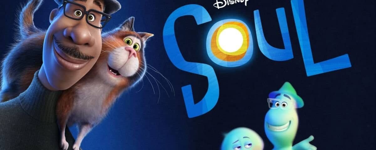 Image promotionnelle du film Disney Pixar « Soul », mettant en vedette les personnages Joe Gardner avec son fedora, un chat et deux âmes au style fantaisiste sur fond bleu avec le titre du film « S