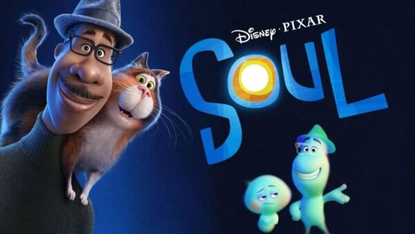 Image promotionnelle du film Disney Pixar « Soul », mettant en vedette les personnages Joe Gardner avec son fedora, un chat et deux âmes au style fantaisiste sur fond bleu avec le titre du film « S