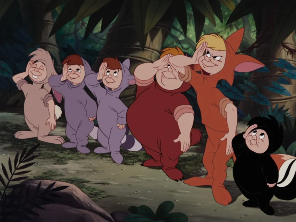 Illustration de cinq nains du « 7d » se tenant ensemble dans une forêt, avec des expressions et des postures variées, et un autre regardant à travers une carte roulée, tous faisant preuve de curiosité lorsqu'ils répondent