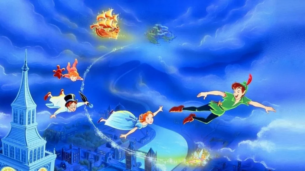 Une scène animée vibrante représentant Peter Pan volant joyeusement avec Wendy et ses frères au-dessus d'un Londres au clair de lune, répondant à leurs questions sur le navire magique qui brille dans le ciel au-dessus.