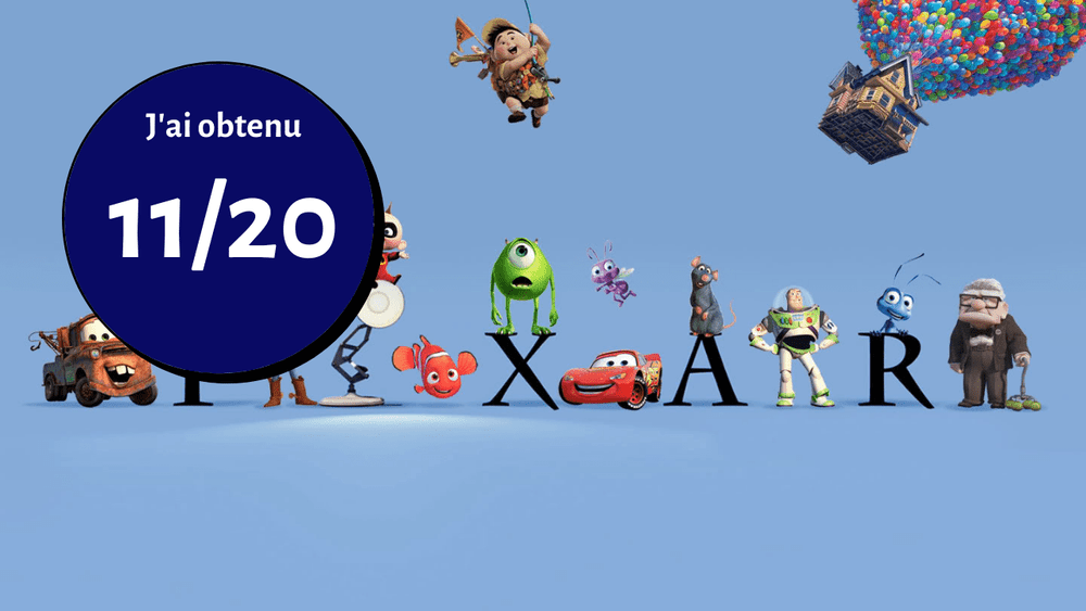 Une affiche Pixar avec un groupe de personnages de dessins animés en arrière-plan.