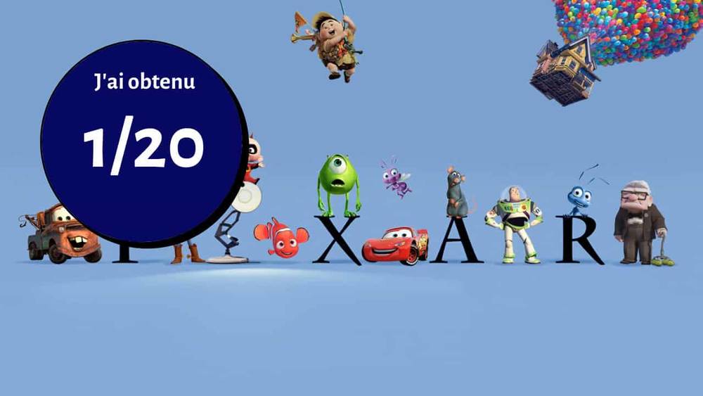 Image montrant une variété de personnages Pixar, dont Mike Wazowski et Buzz l'Éclair, disposés autour d'un grand panneau « 1/20 » sur fond bleu. les personnages représentent différents films Pixar.