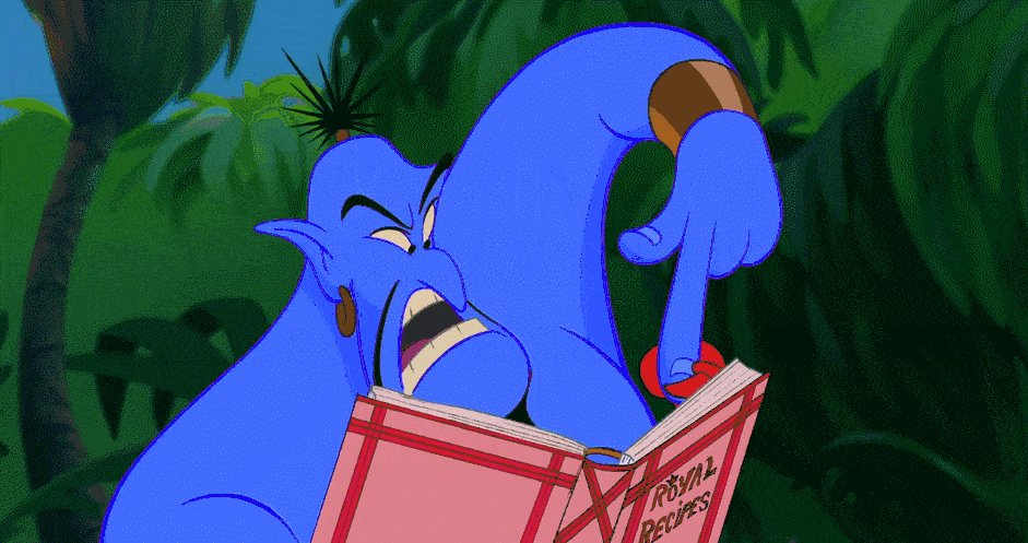 Image animée du génie du film Aladdin, lisant un livre intitulé "Poèmes persans" et riant de bon cœur dans un décor tropical.