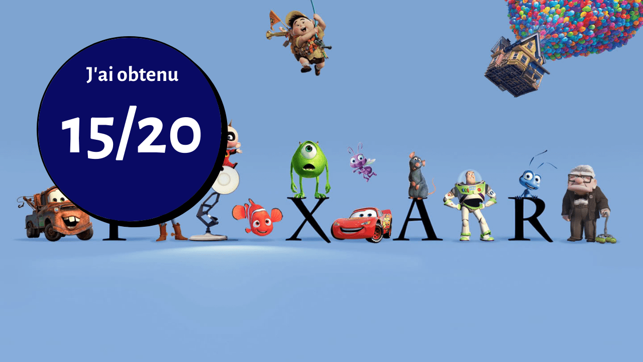 Une affiche représentant des personnages Pixar entourés des mots 15/20 xar.