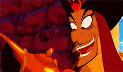 Image animée de Jafar, un méchant du film Disney Aladdin, riant de façon maniaque tout en tenant une lampe allumée.