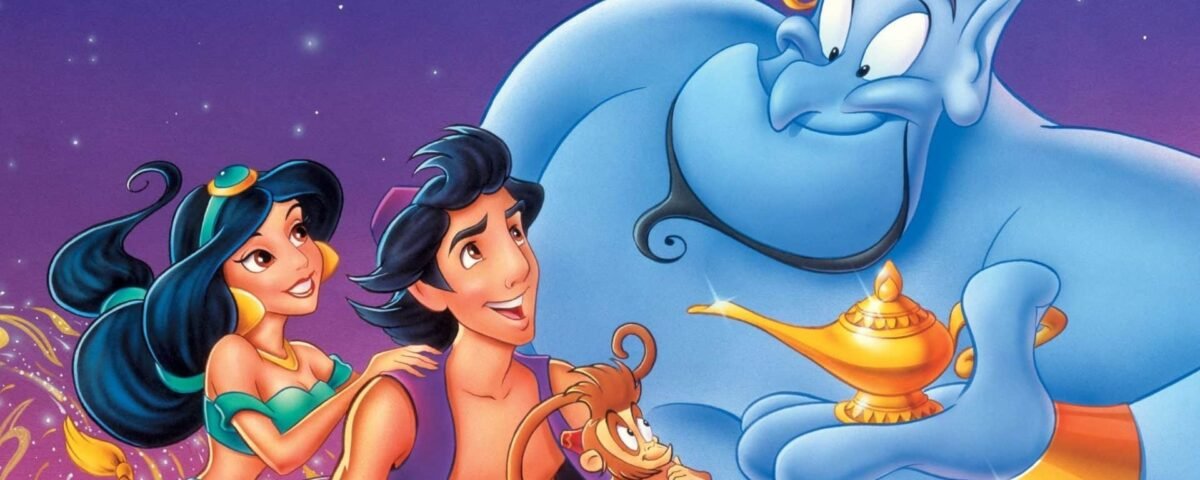 Image promotionnelle représentant des personnages d'Aladdin de Disney, notamment Aladdin, la princesse Jasmine, le Génie et Abu, avec une lampe magique sur un ciel étoilé.
