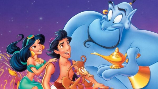 Image promotionnelle représentant des personnages d'Aladdin de Disney, notamment Aladdin, la princesse Jasmine, le Génie et Abu, avec une lampe magique sur un ciel étoilé.