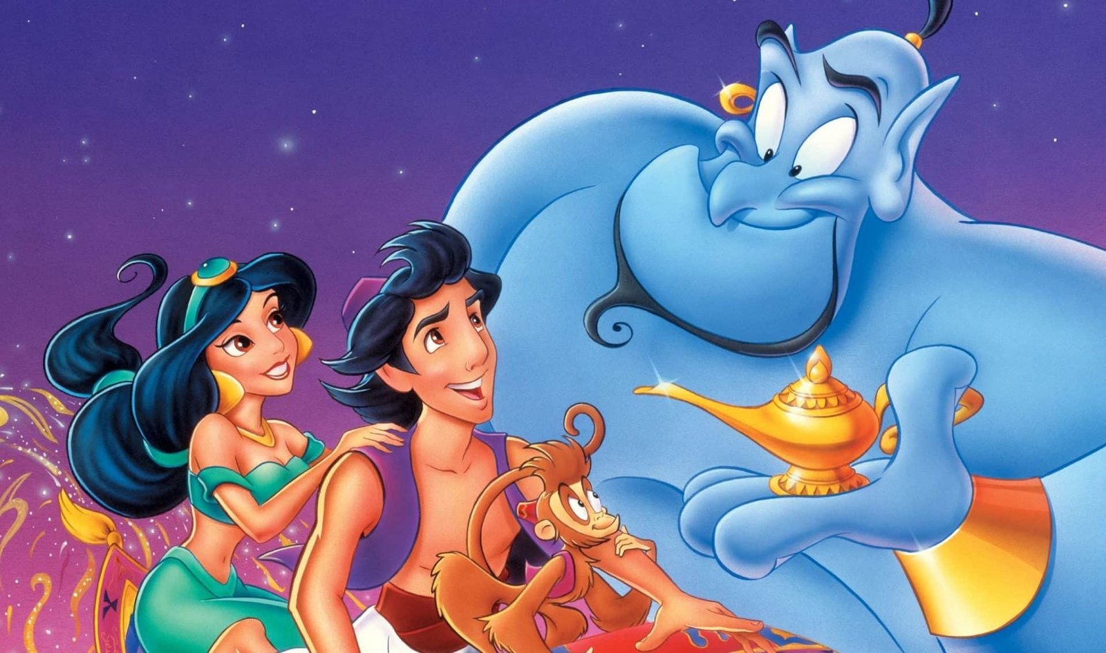 Image promotionnelle représentant des personnages d'Aladdin de Disney, notamment Aladdin, la princesse Jasmine, le Génie et Abu, avec une lampe magique sur un ciel étoilé.