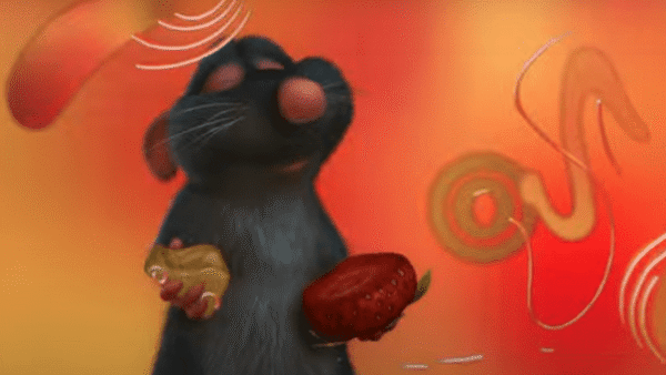 Un dessin animé inspiré de la ratatouille mettant en scène un rat tenant un fruit.