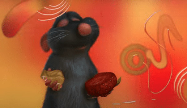Un dessin animé inspiré de la ratatouille mettant en scène un rat tenant un fruit.