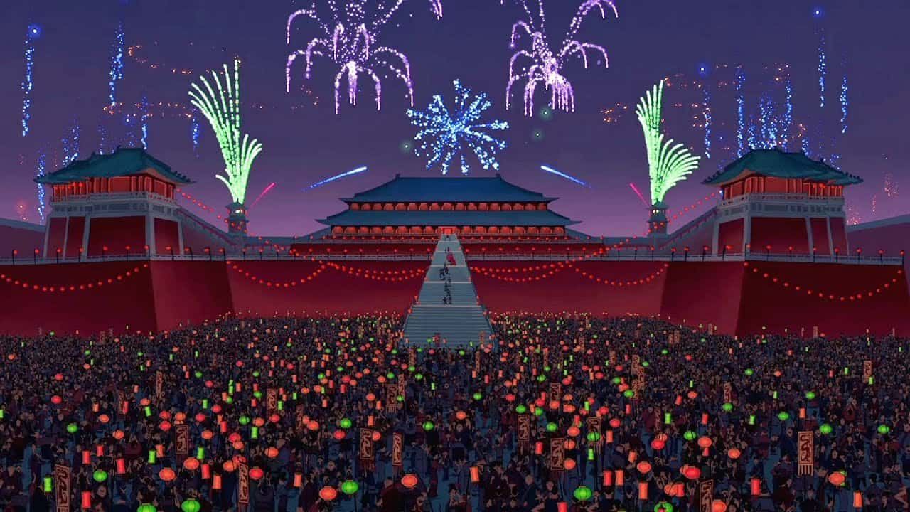 Une scène animée vibrante représentant une grande foule tenant des lanternes lumineuses sous un ciel éclairé par un feu d'artifice, avec des bâtiments traditionnels de style Disney en arrière-plan.
