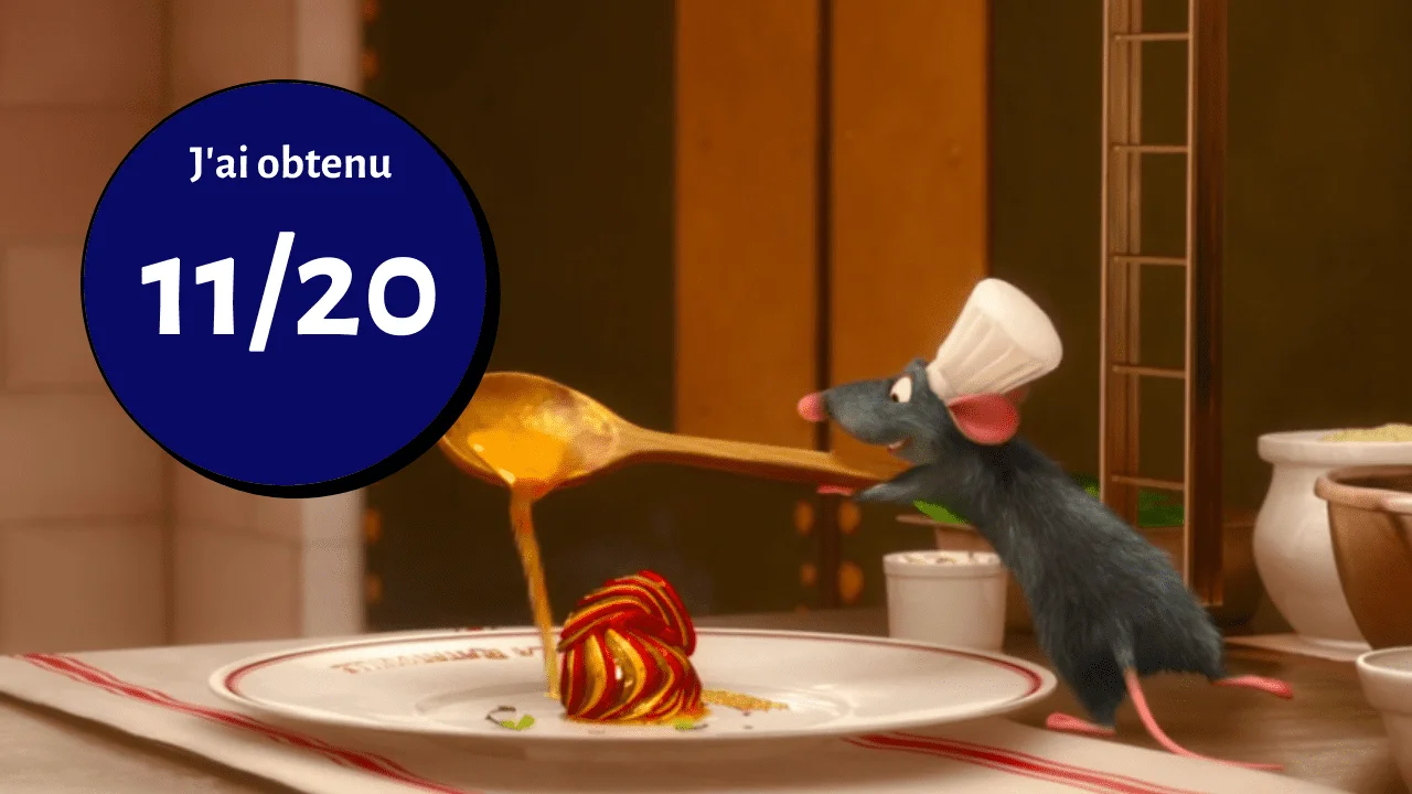 Rémy le rat du film Disney Ratatouille arrose délicatement de sauce une assiette de pâtes dans une cuisine, avec une grosse bulle bleue affichant « 11/20 » en blanc