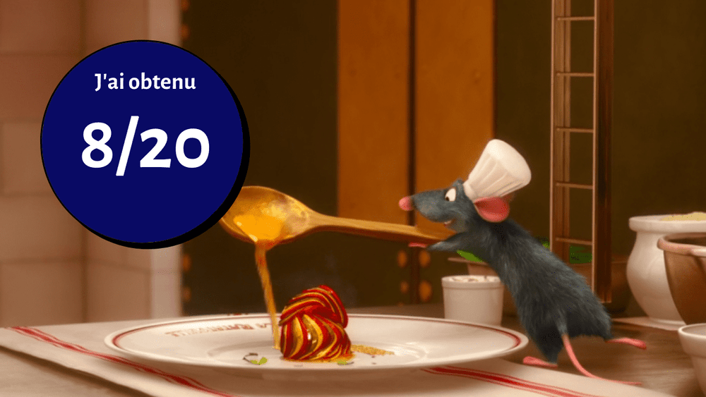 Image de dessin animé d'un petit rat portant une toque de chef, dégustant des spaghettis sur une assiette avec une cuillère, à côté d'un cercle bleu affichant le score « 8/20 » en texte blanc, avec