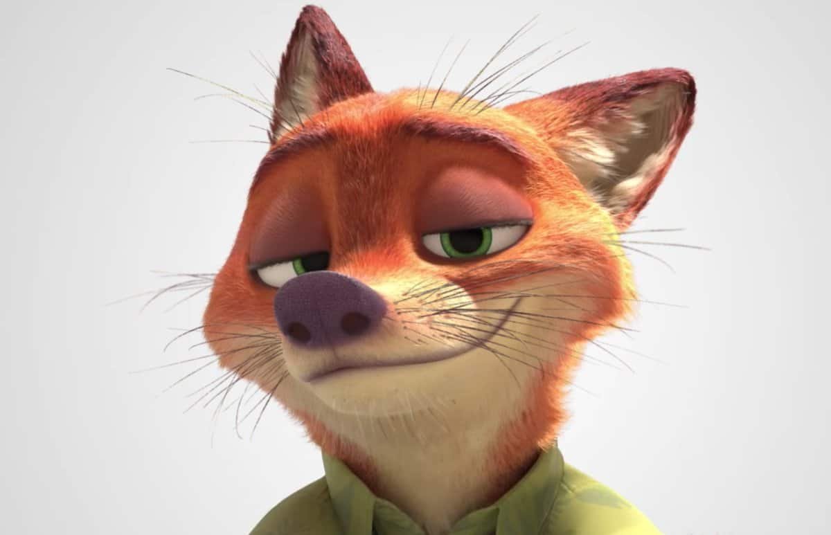 Une image animée en 3D d'un renard à l'air sournois avec un sourire ironique, portant une chemise verte. Le renard a une fourrure orange, des yeux perçants et des moustaches, sur un fond uni.