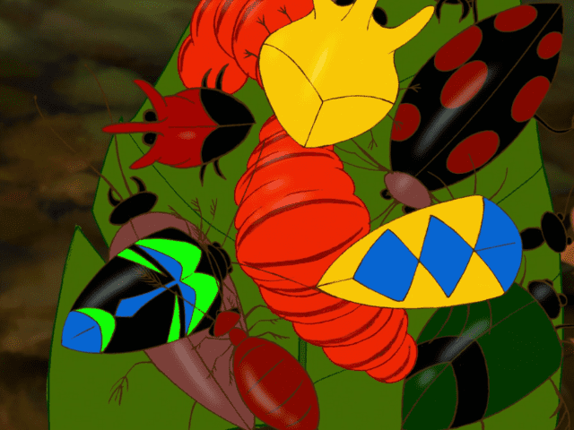 Illustration colorée d'une collection d'insectes géométriques stylisés inspirés des films Disney, sur un fond naturel flou. Les insectes présentent des formes vives et variées en rouge, jaune, bleu et vert.