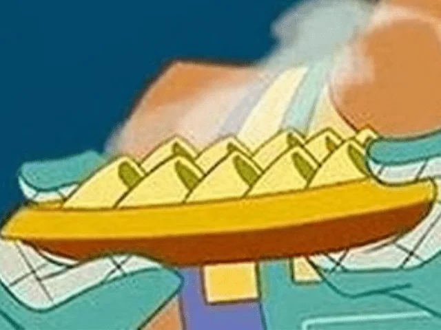 Illustration d'un hot-dog de style dessin animé, inspiré des films de Disney, avec une ligne de moutarde en zigzag sur un petit pain ; l'arrière-plan est un simple dégradé bleu et vert.