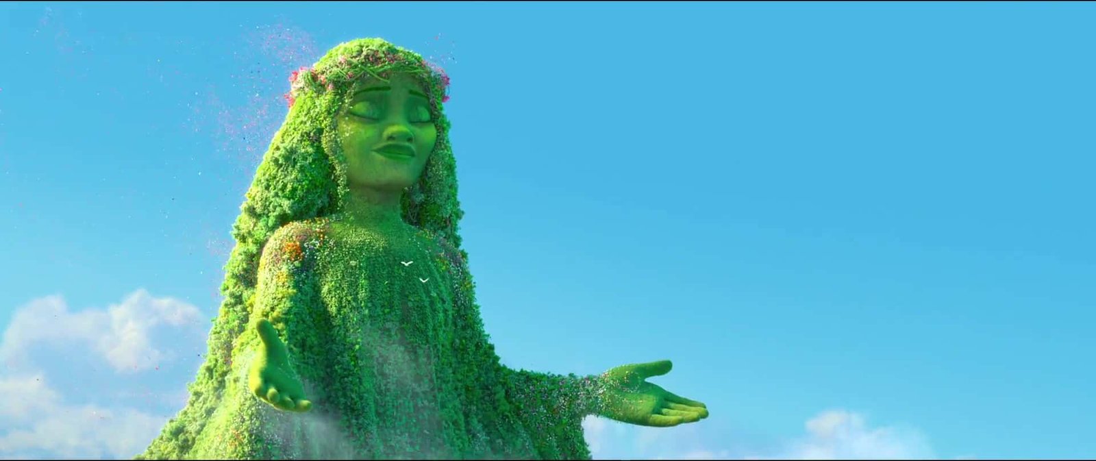 Une image surréaliste d'une femme couverte de verdure sur un ciel bleu vif, incarnant le concept de la nature, avec ses bras tendus et une expression sereine rappelant les personnages de Disney.