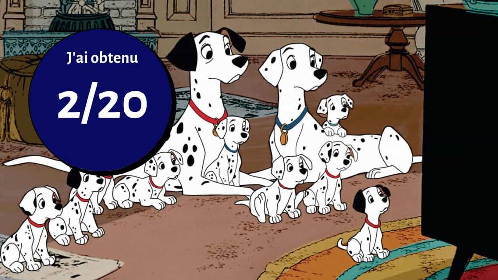 Une scène d'un film d'animation Disney montrant un groupe de chiens dalmatiens comprenant des chiots, l'air surpris dans un salon. Superposé se trouve un cercle bleu avec "j'ai obtenu
