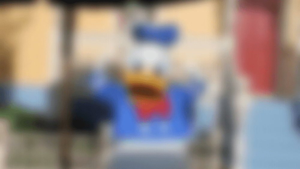 Une personne vêtue d'un costume de Donald Duck se tient cordialement, brandissant un grand livre, dans un décor vibrant et coloré de Disneyland Paris avec des détails d'arrière-plan flous pour se concentrer sur le personnage.