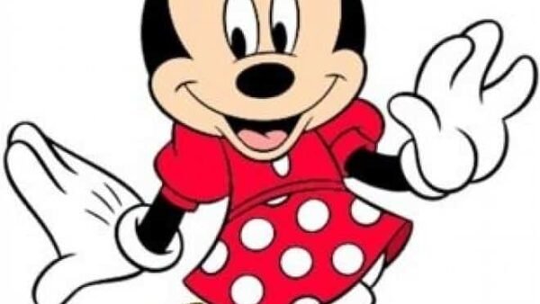 Illustration de Minnie Mouse, souriante et saluant la main, vêtue de sa robe rouge emblématique à pois blancs, d'un nœud assorti, de chaussures jaunes et de gants blancs.