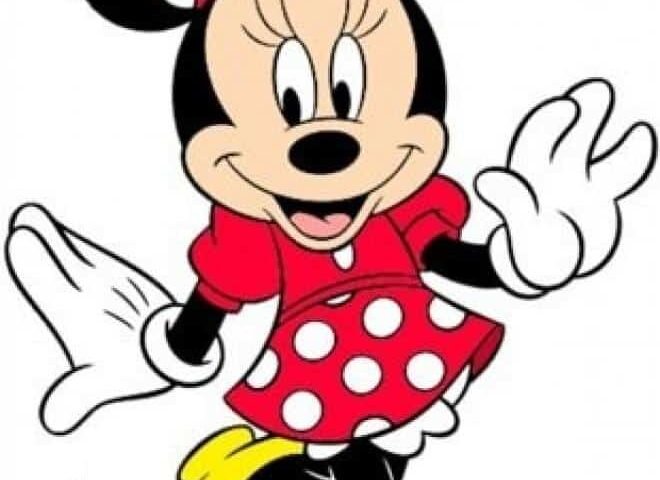 Illustration de Minnie Mouse, souriante et saluant la main, vêtue de sa robe rouge emblématique à pois blancs, d'un nœud assorti, de chaussures jaunes et de gants blancs.